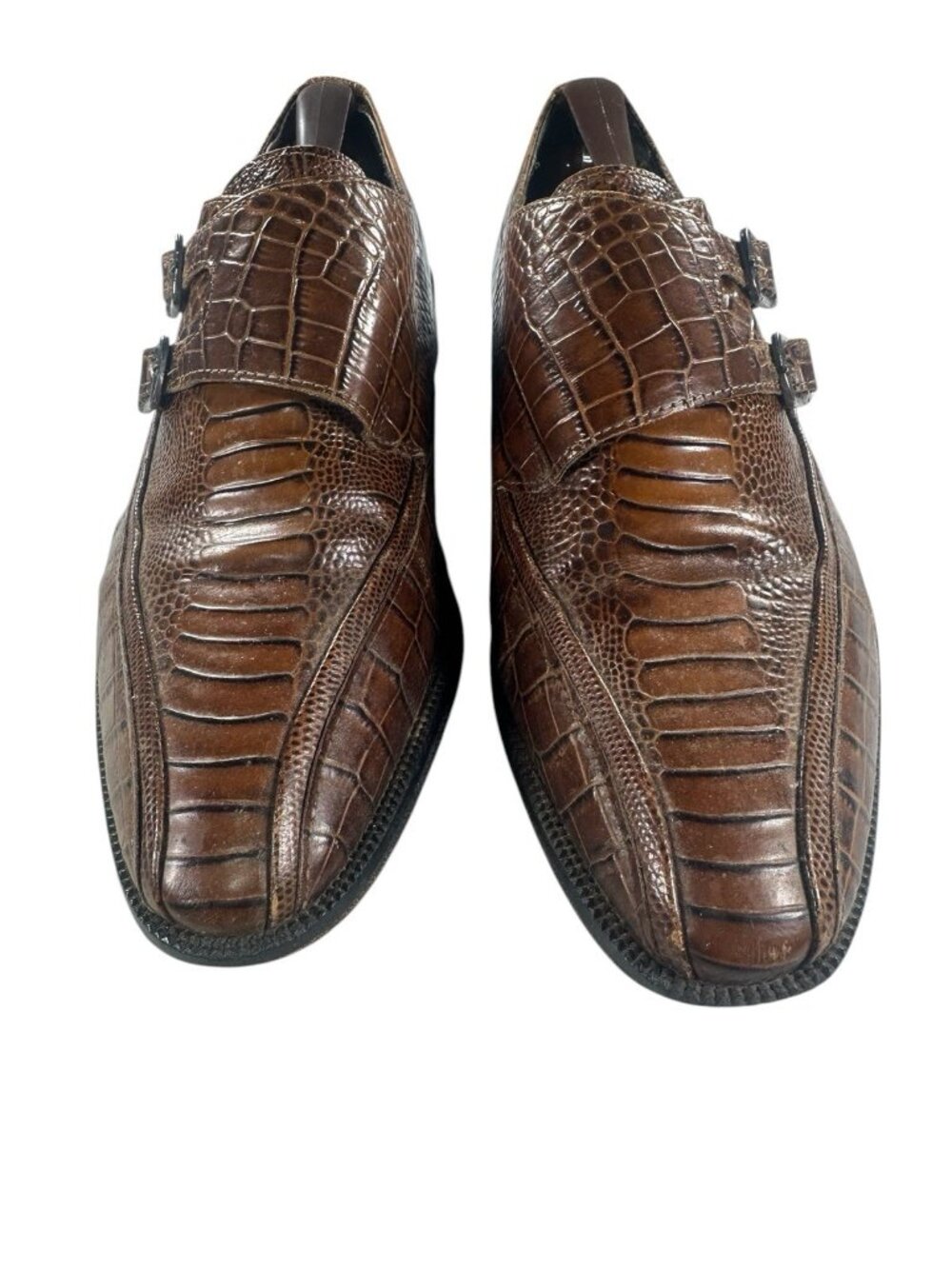 Stacy Adams Vtg Mens Sz 9.5M Brown Leather Croc Print Double Monk strap Shoes